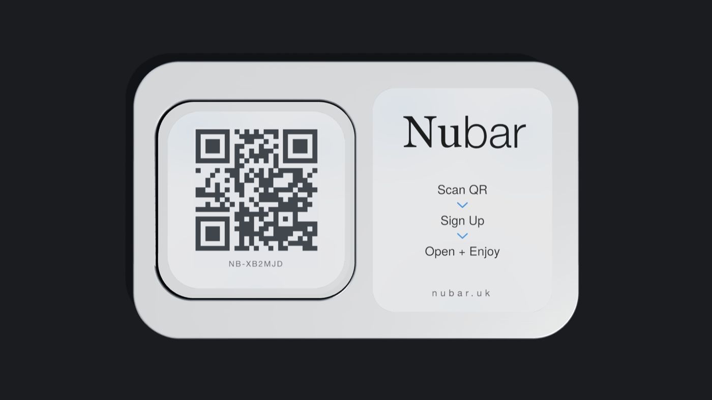 A brushed metal Nubar plate carrying a QR code, a machine reference, and the words scan, sign up, open and enjoy.
