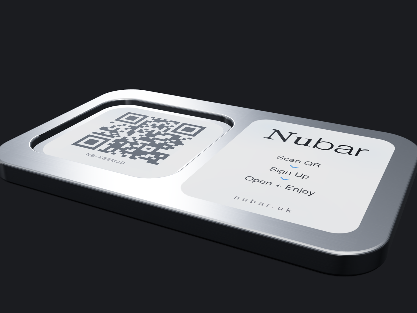 A brushed metal Nubar plate carrying a QR code, the machine reference NB-XB2MJD, and the words scan QR, sign up, open and enjoy.
