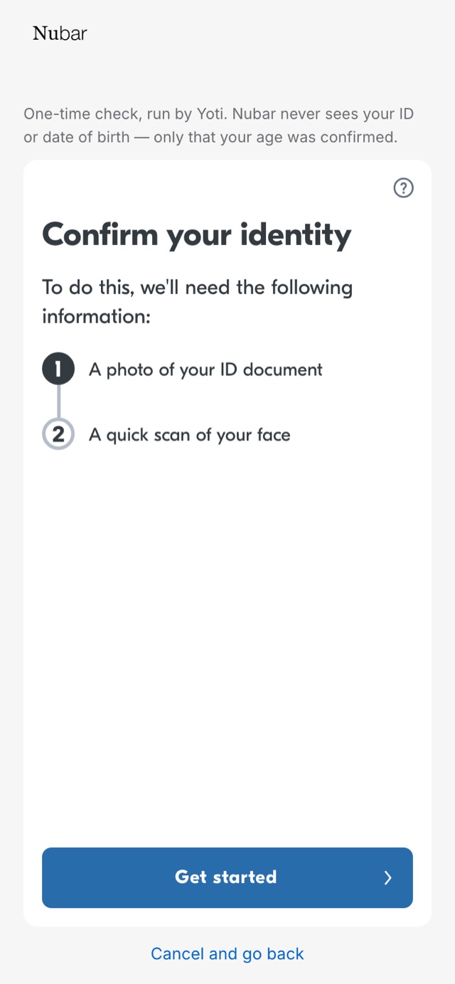The age check on a phone, run by Yoti, asking for a photo of an ID document and a scan of the face.