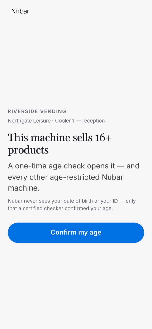 A phone showing the message this machine sells 16 plus products, with a one-time age check needed to open it, and a note that Nubar never sees a date of birth or ID.