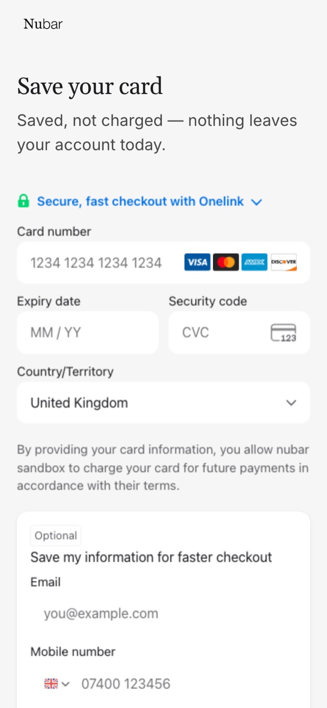 The save your card screen on a phone, headed Saved, not charged, with card number, expiry and security code fields.