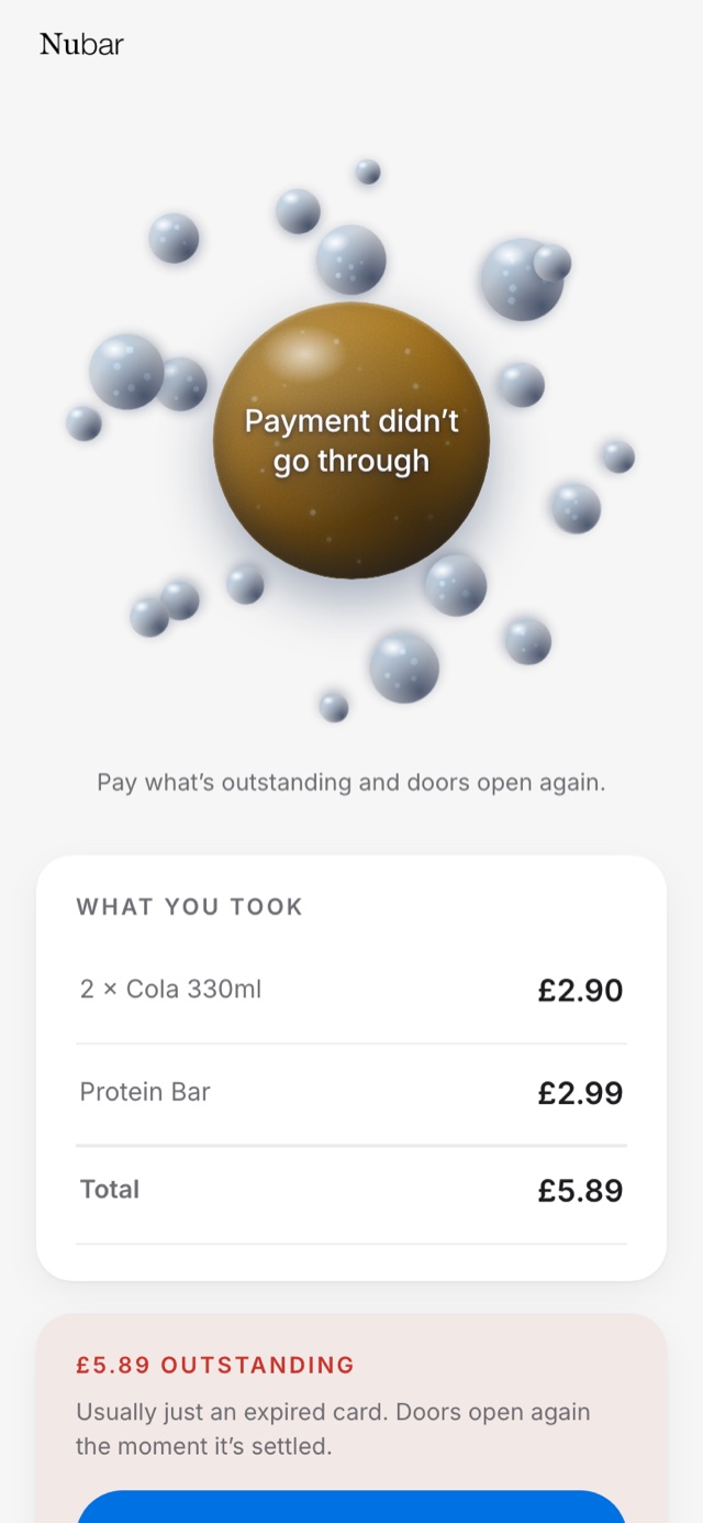 The phone showing a failed payment, with the amount owed and a way to pay it.