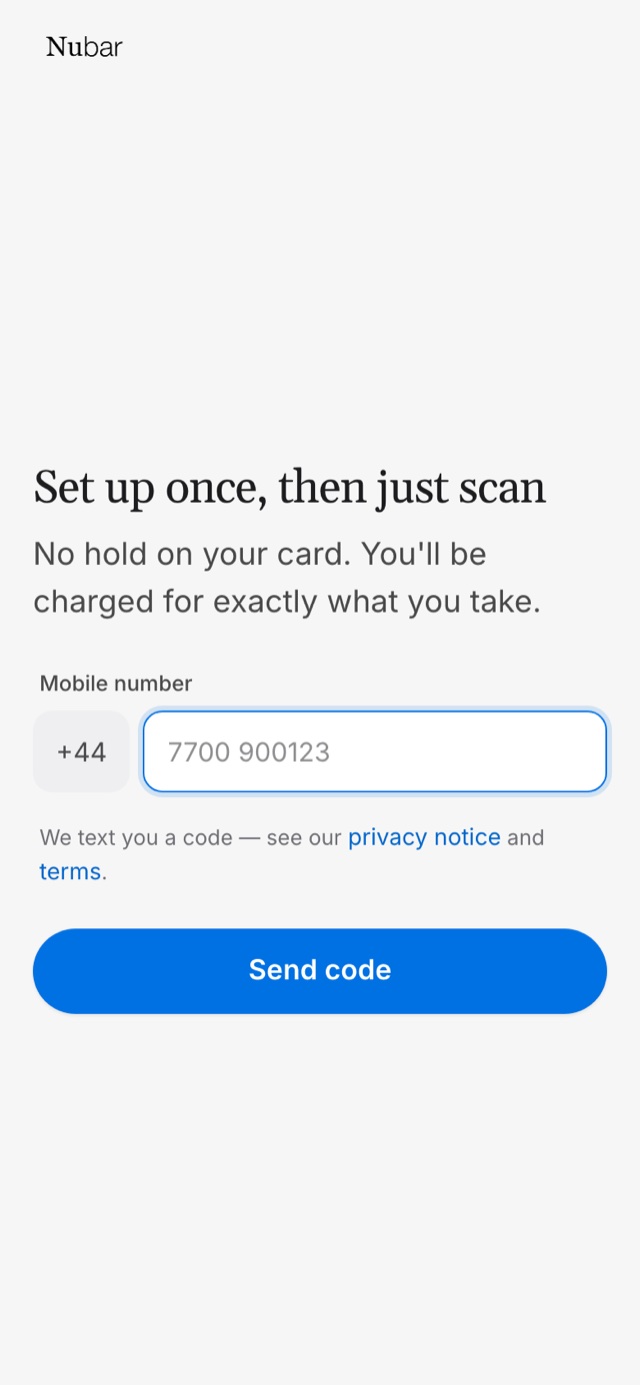 The Nubar sign-up screen on a phone, asking for a mobile number, headed Set up once, then just scan.